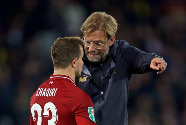 LIVERPOOL, ENGLAND - Wednesday, September 26, 2018: Liverpool's manager J¸rgen Klopp speaks with Xherdan Shaqiri after the Football League Cup 3rd Round match between Liverpool FC and Chelsea FC at Anfield. Chelsea won 2-1. (Pic by David Rawcliffe/Propaganda)