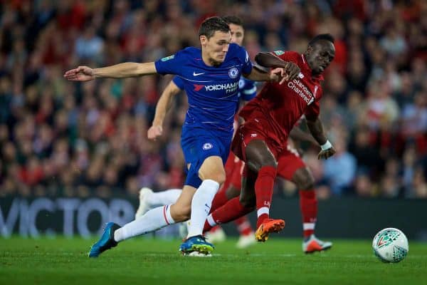 LIVERPOOL, ENGLAND - Wednesday, September 26, 2018: Liverpool's Sadio Mane (right) and Chelsea's Andreas Christensen during the Football League Cup 3rd Round match between Liverpool FC and Chelsea FC at Anfield. (Pic by David Rawcliffe/Propaganda)