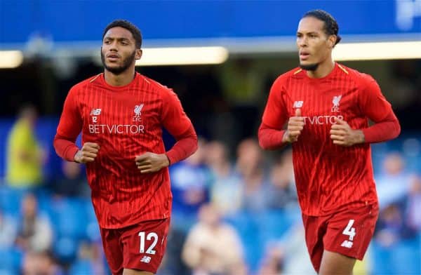LONDON, ENGLAND - Saturday, September 29, 2018: Liverpool's Joe Gomez (left) and Virgil van Dijk during the pre-match warm-up before the FA Premier League match between Chelsea FC and Liverpool FC at Stamford Bridge. (Pic by David Rawcliffe/Propaganda)