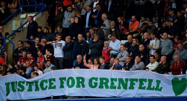 LONDON, ENGLAND - Saturday, September 29, 2018: Liverpool supporters' banner "Justice for Grenfell" before the FA Premier League match between Chelsea FC and Liverpool FC at Stamford Bridge. (Pic by David Rawcliffe/Propaganda)