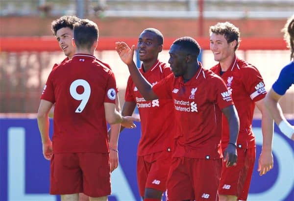 LONDON, ENGLAND - Saturday, September 29, 2018: Liverpool's captain Matty Virtue celebrates scoring the second goal with team-mates during the Under-23 FA Premier League 2 Division 1 match between Chelsea FC and Liverpool FC at The Recreation Ground. (Pic by David Rawcliffe/Propaganda)