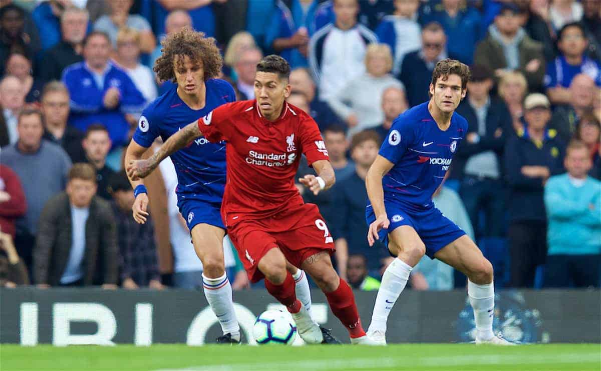 LONDON, ENGLAND - Saturday, September 29, 2018: Liverpool's Roberto Firmino (centre) during the FA Premier League match between Chelsea FC and Liverpool FC at Stamford Bridge. (Pic by David Rawcliffe/Propaganda)