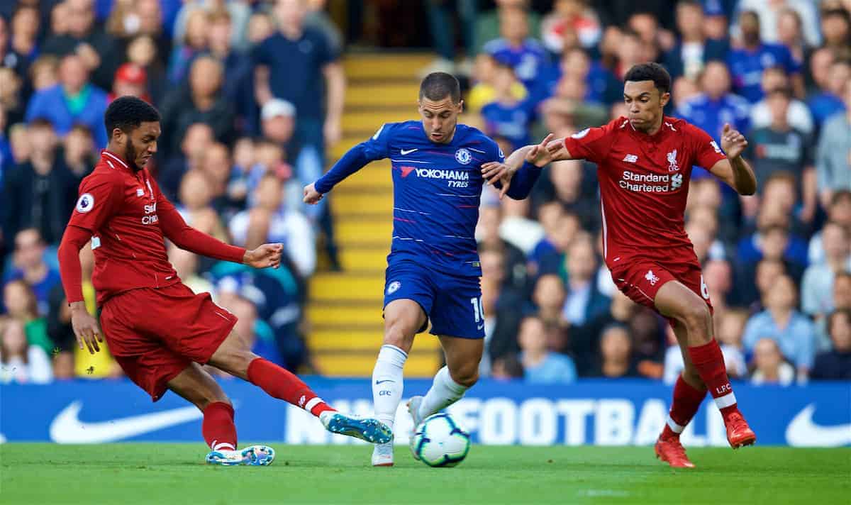 LONDON, ENGLAND - Saturday, September 29, 2018: Liverpool's Joe Gomez (left), Trent Alexander-Arnold (right) and Eden Hazard (centre) during the FA Premier League match between Chelsea FC and Liverpool FC at Stamford Bridge. (Pic by David Rawcliffe/Propaganda)