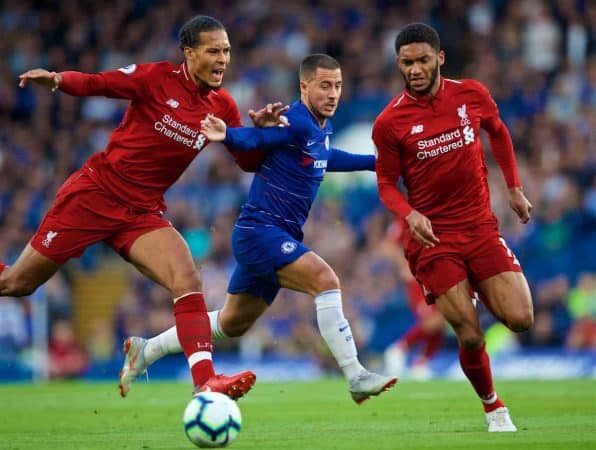 LONDON, ENGLAND - Saturday, September 29, 2018: Liverpool's Virgil van Dijk (left), Joe Gomez (right) and Eden Hazard (centre) during the FA Premier League match between Chelsea FC and Liverpool FC at Stamford Bridge. (Pic by David Rawcliffe/Propaganda)