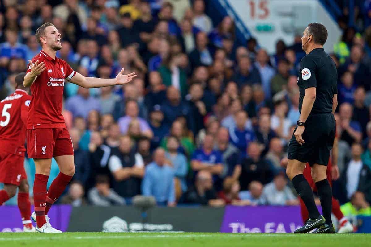 LONDON, ENGLAND - Saturday, September 29, 2018: Liverpool's captain Jordan Henderson reacts during the FA Premier League match between Chelsea FC and Liverpool FC at Stamford Bridge. (Pic by David Rawcliffe/Propaganda)