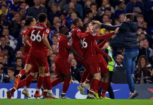 LONDON, ENGLAND - Saturday, September 29, 2018: Liverpool's Daniel Sturridge celebrates scoring the equalising goal with team-mates and the supporter during the FA Premier League match between Chelsea FC and Liverpool FC at Stamford Bridge. (Pic by David Rawcliffe/Propaganda)