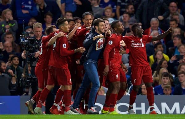 LONDON, ENGLAND - Saturday, September 29, 2018: Liverpool's Daniel Sturridge celebrates scoring the equalising goal with team-mates and the supporter during the FA Premier League match between Chelsea FC and Liverpool FC at Stamford Bridge. (Pic by David Rawcliffe/Propaganda)