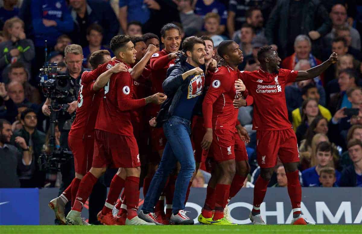 LONDON, ENGLAND - Saturday, September 29, 2018: Liverpool's Daniel Sturridge celebrates scoring the equalising goal with team-mates and the supporter during the FA Premier League match between Chelsea FC and Liverpool FC at Stamford Bridge. (Pic by David Rawcliffe/Propaganda)