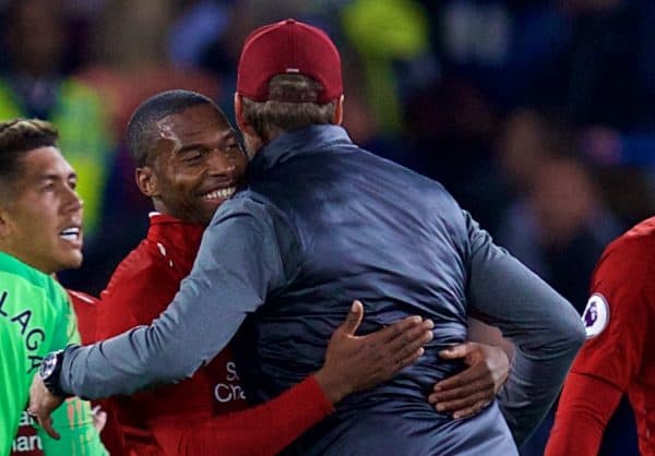 LONDON, ENGLAND - Saturday, September 29, 2018: Liverpool's Daniel Sturridge embraces manager J¸rgen Klopp after the FA Premier League match between Chelsea FC and Liverpool FC at Stamford Bridge. (Pic by David Rawcliffe/Propaganda)