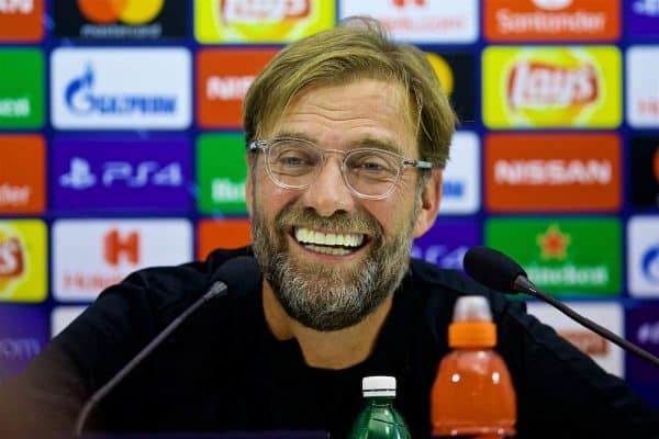 NAPLES, ITALY - Tuesday, October 2, 2018: Liverpool's manager Jürgen Klopp during a press conference ahead of the UEFA Champions League Group C match between S.S.C. Napoli and Liverpool FC at Stadio San Paolo. (Pic by David Rawcliffe/Propaganda)