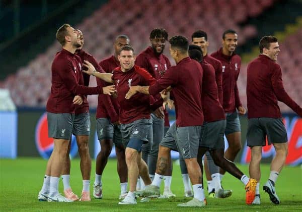 NAPLES, ITALY - Tuesday, October 2, 2018: Liverpool's James Milner is given the bumps by team-mates during a training session ahead of the UEFA Champions League Group C match between S.S.C. Napoli and Liverpool FC at Stadio San Paolo. (Pic by David Rawcliffe/Propaganda)