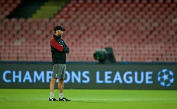 NAPLES, ITALY - Tuesday, October 2, 2018: Liverpool's manager Jürgen Klopp during a training session ahead of the UEFA Champions League Group C match between S.S.C. Napoli and Liverpool FC at Stadio San Paolo. (Pic by David Rawcliffe/Propaganda)