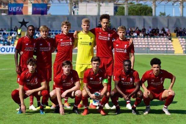 NAPLES, ITALY - Wednesday, October 3, 2018: Liverpool players line-up for a team group photograph before during the UEFA Youth League Group C match between S.S.C. Napoli and Liverpool FC at Stadio Comunale di Frattamaggiore. (Pic by David Rawcliffe/Propaganda)