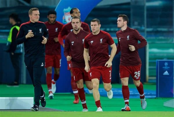 NAPLES, ITALY - Wednesday, October 3, 2018: Liverpool's captain Jordan Henderson, Mohamed Salah and Andy Robertson run out for the pre-match warm-up before the UEFA Champions League Group C match between S.S.C. Napoli and Liverpool FC at Stadio San Paolo. (Pic by David Rawcliffe/Propaganda)