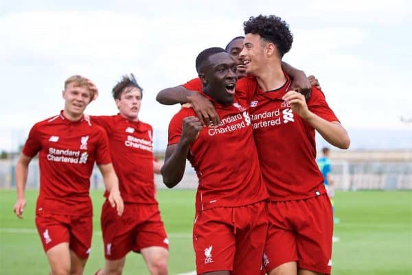 NAPLES, ITALY - Wednesday, October 3, 2018: Liverpool's Bobby Adekanye (L) celebrates scoring the first goal with team-mate Curtis Jones (R) during the UEFA Youth League Group C match between S.S.C. Napoli and Liverpool FC at Stadio Comunale di Frattamaggiore. (Pic by David Rawcliffe/Propaganda)NAPLES, ITALY - Wednesday, October 3, 2018: Liverpool's Bobby Adekanye (L) celebrates scoring the first goal with team-mate Curtis Jones (R) during the UEFA Youth League Group C match between S.S.C. Napoli and Liverpool FC at Stadio Comunale di Frattamaggiore. (Pic by David Rawcliffe/Propaganda)