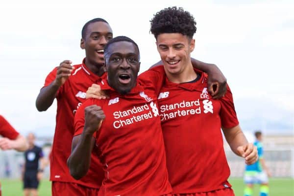 NAPLES, ITALY - Wednesday, October 3, 2018: Liverpool's Bobby Adekanye (L) celebrates scoring the first goal with team-mate Curtis Jones (R) during the UEFA Youth League Group C match between S.S.C. Napoli and Liverpool FC at Stadio Comunale di Frattamaggiore. (Pic by David Rawcliffe/Propaganda)