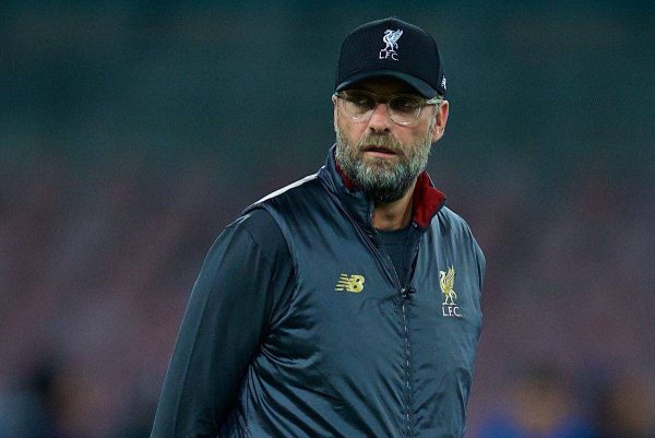 NAPLES, ITALY - Wednesday, October 3, 2018: Liverpool's manager J¸rgen Klopp during the pre-match warm-up before the UEFA Champions League Group C match between S.S.C. Napoli and Liverpool FC at Stadio San Paolo. (Pic by David Rawcliffe/Propaganda)