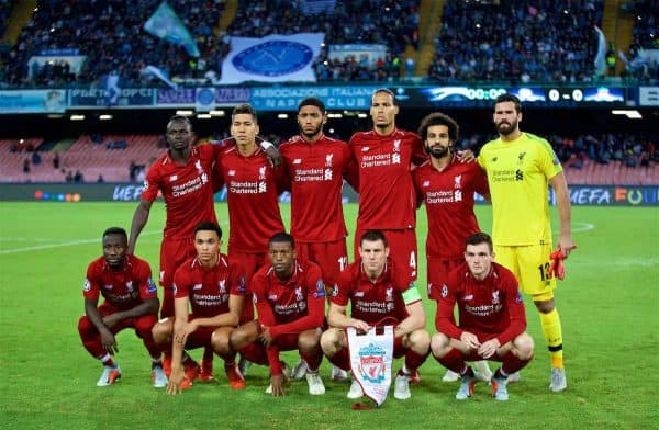 NAPLES, ITALY - Wednesday, October 3, 2018: Liverpool's players line-up for a team group photograph before the UEFA Champions League Group C match between S.S.C. Napoli and Liverpool FC at Stadio San Paolo. (Pic by David Rawcliffe/Propaganda)