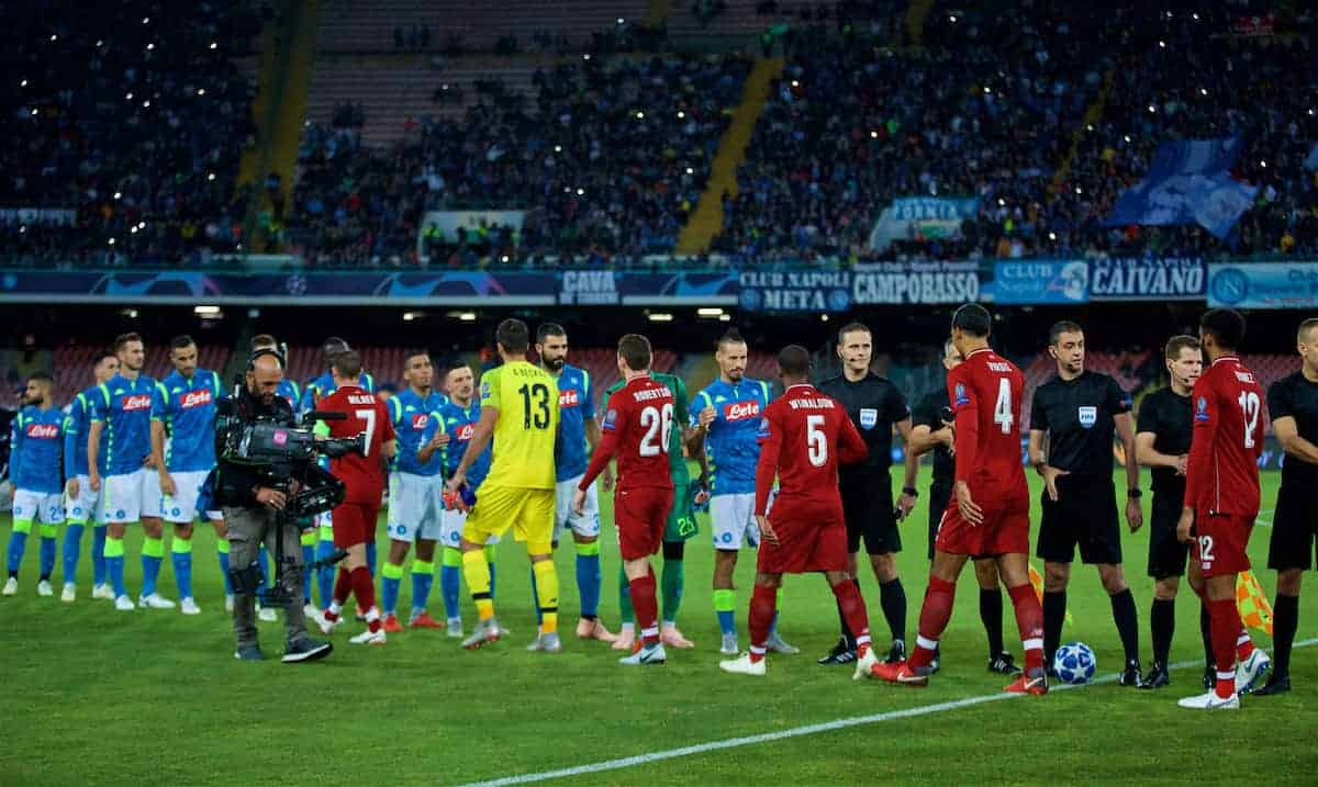 NAPLES, ITALY - Wednesday, October 3, 2018: Liverpool and Napoli players shake hands before the UEFA Champions League Group C match between S.S.C. Napoli and Liverpool FC at Stadio San Paolo. (Pic by David Rawcliffe/Propaganda)