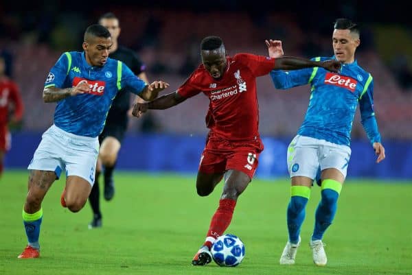 NAPLES, ITALY - Wednesday, October 3, 2018: Liverpool's Naby Keita (C) and Napoli's Allan Marques Loureiro (L) and José Callejón (R) during the UEFA Champions League Group C match between S.S.C. Napoli and Liverpool FC at Stadio San Paolo. (Pic by David Rawcliffe/Propaganda)