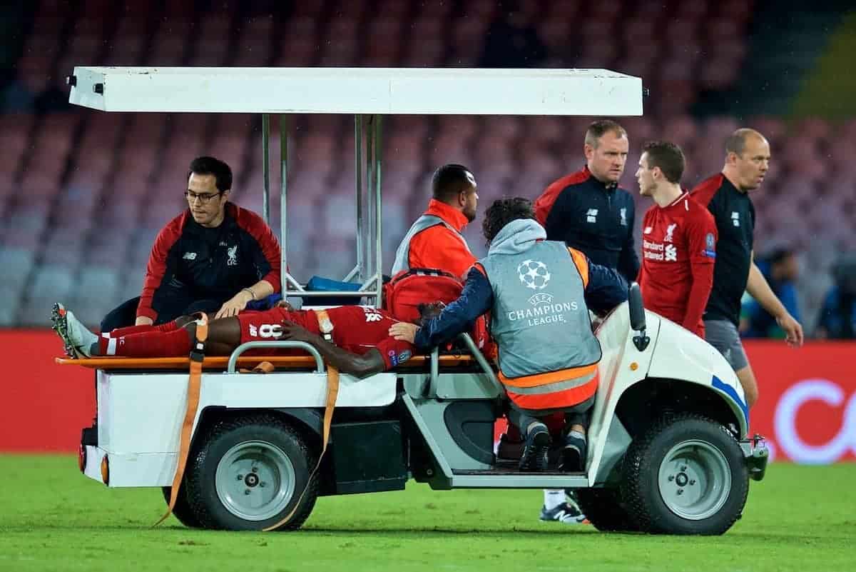 NAPLES, ITALY - Wednesday, October 3, 2018: Liverpool's Naby Keita is carried off injured during the UEFA Champions League Group C match between S.S.C. Napoli and Liverpool FC at Stadio San Paolo. (Pic by David Rawcliffe/Propaganda)