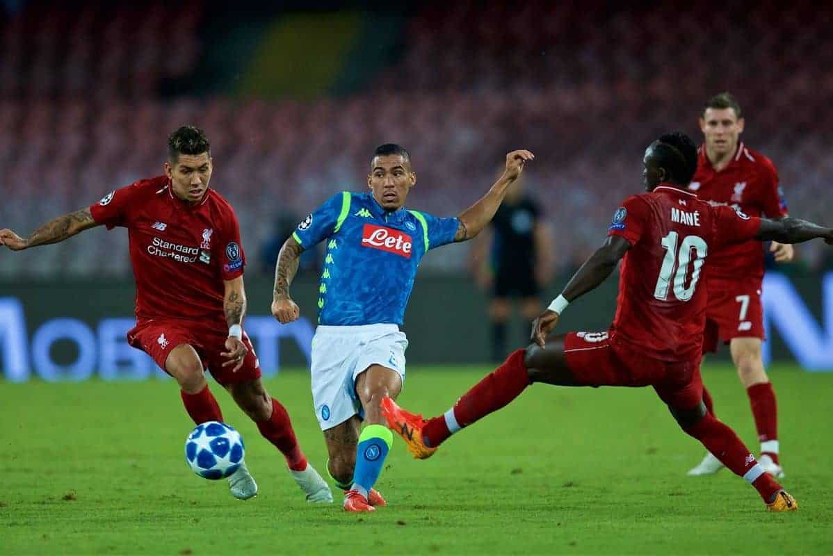 NAPLES, ITALY - Wednesday, October 3, 2018: Liverpool's xxxx during the UEFA Champions League Group C match between S.S.C. Napoli and Liverpool FC at Stadio San Paolo. (Pic by David Rawcliffe/Propaganda)