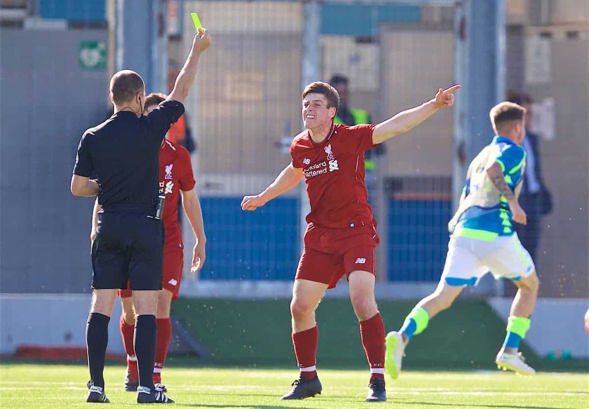 NAPLES, ITALY - Wednesday, October 3, 2018: Liverpool's's Liam Coyle complains to the referee after Napoli score an injury time equalising goal, despite there being two balls on the pitch, during the UEFA Youth League Group C match between S.S.C. Napoli and Liverpool FC at Stadio Comunale di Frattamaggiore. (Pic by David Rawcliffe/Propaganda)