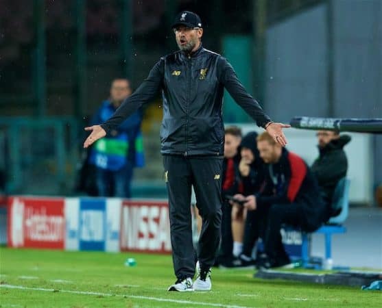 NAPLES, ITALY - Wednesday, October 3, 2018: Liverpool's manager Jürgen Klopp reacts during the UEFA Champions League Group C match between S.S.C. Napoli and Liverpool FC at Stadio San Paolo. (Pic by David Rawcliffe/Propaganda)