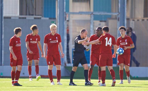 NAPLES, ITALY - Wednesday, October 3, 2018: Liverpool players complain to referee Marius Avram after Napoli's Gianluca Gaetano scores an injury time equalising goal to level the score 1-1, despite two balls being on the pitch, during the UEFA Youth League Group C match between S.S.C. Napoli and Liverpool FC at Stadio Comunale di Frattamaggiore. (Pic by David Rawcliffe/Propaganda)