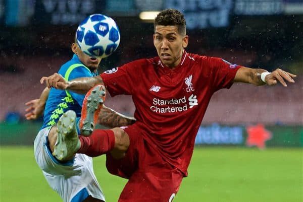 NAPLES, ITALY - Wednesday, October 3, 2018: Liverpool's Roberto Firmino during the UEFA Champions League Group C match between S.S.C. Napoli and Liverpool FC at Stadio San Paolo. (Pic by David Rawcliffe/Propaganda)