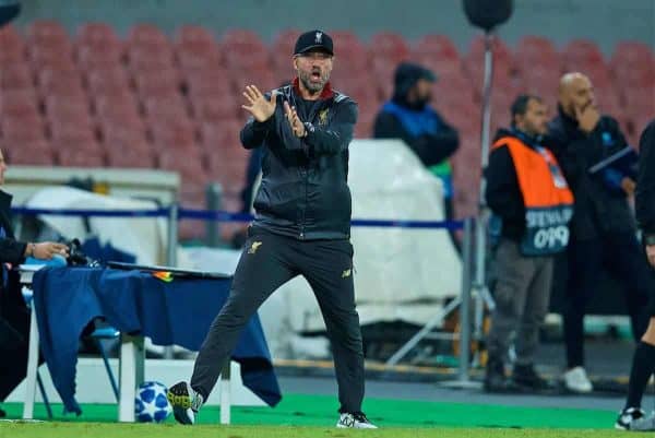 NAPLES, ITALY - Wednesday, October 3, 2018: Liverpool's manager Jürgen Klopp reacts during the UEFA Champions League Group C match between S.S.C. Napoli and Liverpool FC at Stadio San Paolo. (Pic by David Rawcliffe/Propaganda)