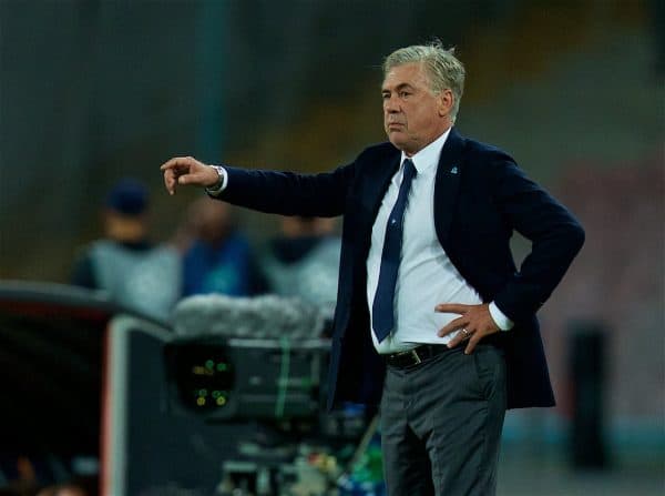 NAPLES, ITALY - Wednesday, October 3, 2018: Napoli's head coach Carlo Ancelotti during the UEFA Champions League Group C match between S.S.C. Napoli and Liverpool FC at Stadio San Paolo. (Pic by David Rawcliffe/Propaganda)