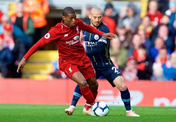 LIVERPOOL, ENGLAND - Sunday, October 7, 2018: Liverpool's Georginio Wijnaldum (R) and Manchester City's David Silva during the FA Premier League match between Liverpool FC and Manchester City FC at Anfield. (Pic by David Rawcliffe/Propaganda)