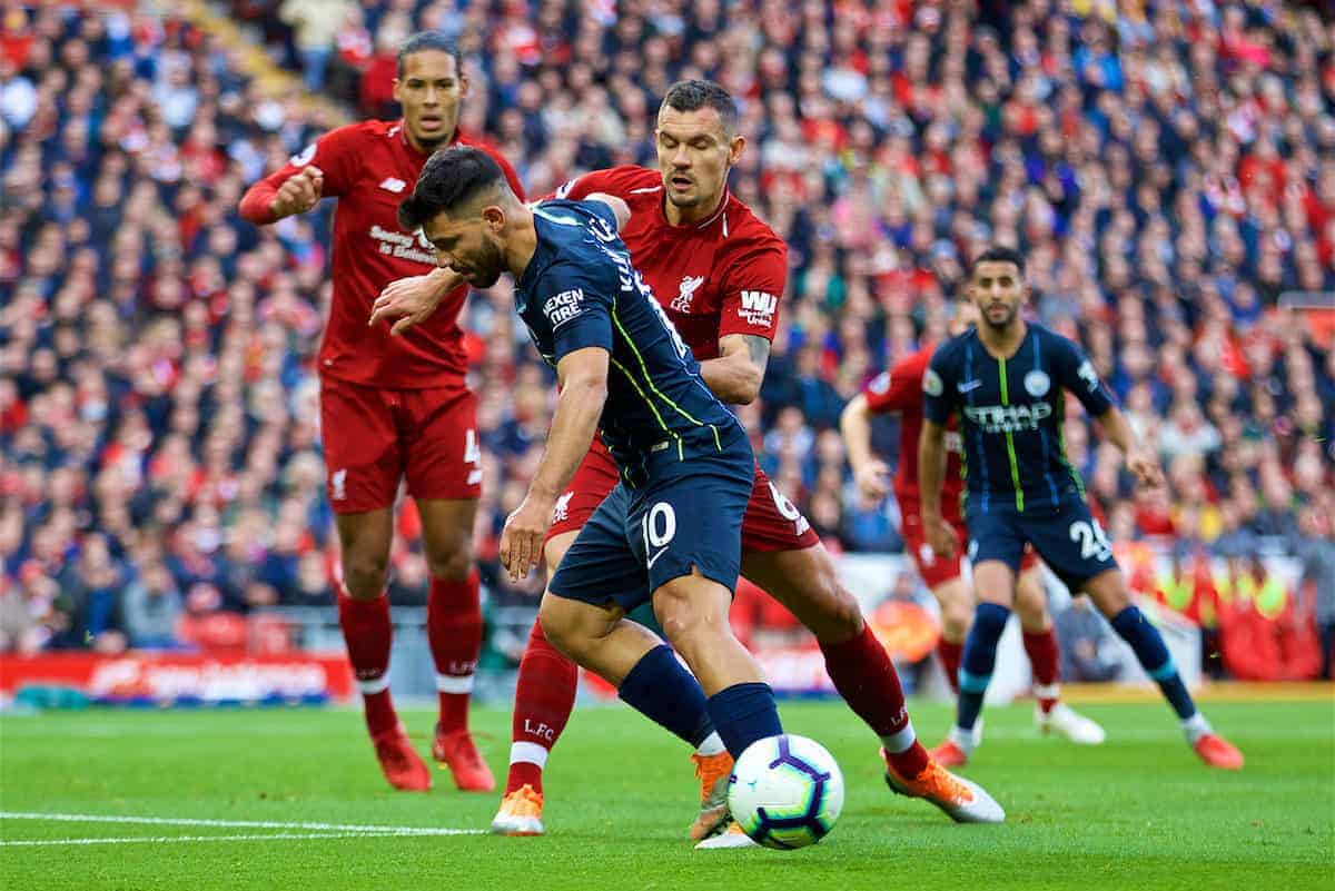 LIVERPOOL, ENGLAND - Sunday, October 7, 2018: Liverpool's Dejan Lovren (R) and Manchester City's Sergio Aguero during the FA Premier League match between Liverpool FC and Manchester City FC at Anfield. (Pic by David Rawcliffe/Propaganda)