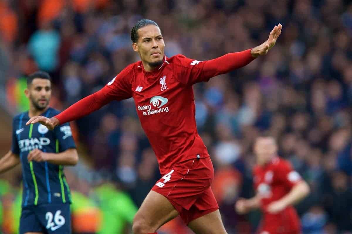 LIVERPOOL, ENGLAND - Sunday, October 7, 2018: Liverpool's Virgil van Dijk during the FA Premier League match between Liverpool FC and Manchester City FC at Anfield. (Pic by David Rawcliffe/Propaganda)