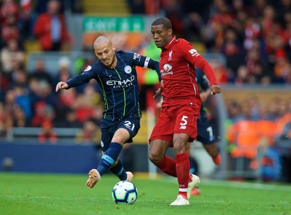 LIVERPOOL, ENGLAND - Sunday, October 7, 2018: Liverpool's Georginio Wijnaldum (R) is challenged by Manchester City's David Silva during the FA Premier League match between Liverpool FC and Manchester City FC at Anfield. (Pic by David Rawcliffe/Propaganda)