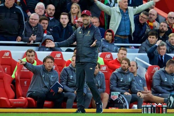 LIVERPOOL, ENGLAND - Sunday, October 7, 2018: Liverpool's manager J¸rgen Klopp reacts during the FA Premier League match between Liverpool FC and Manchester City FC at Anfield. (Pic by David Rawcliffe/Propaganda)