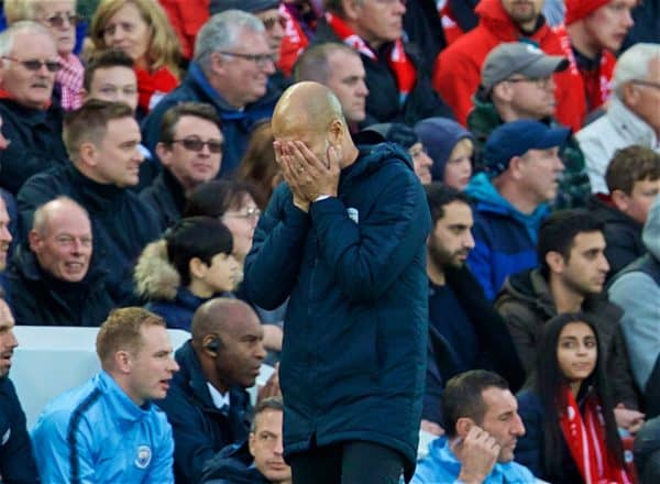 LIVERPOOL, ENGLAND - Sunday, October 7, 2018: Manchester City's manager Pep Guardiola reacts during the FA Premier League match between Liverpool FC and Manchester City FC at Anfield. (Pic by David Rawcliffe/Propaganda)