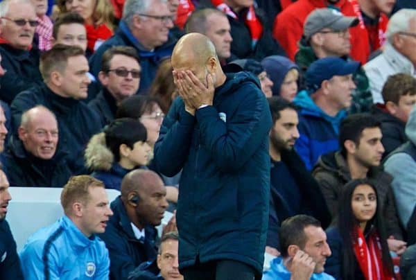 LIVERPOOL, ENGLAND - Sunday, October 7, 2018: Manchester City's manager Pep Guardiola reacts during the FA Premier League match between Liverpool FC and Manchester City FC at Anfield. (Pic by David Rawcliffe/Propaganda)