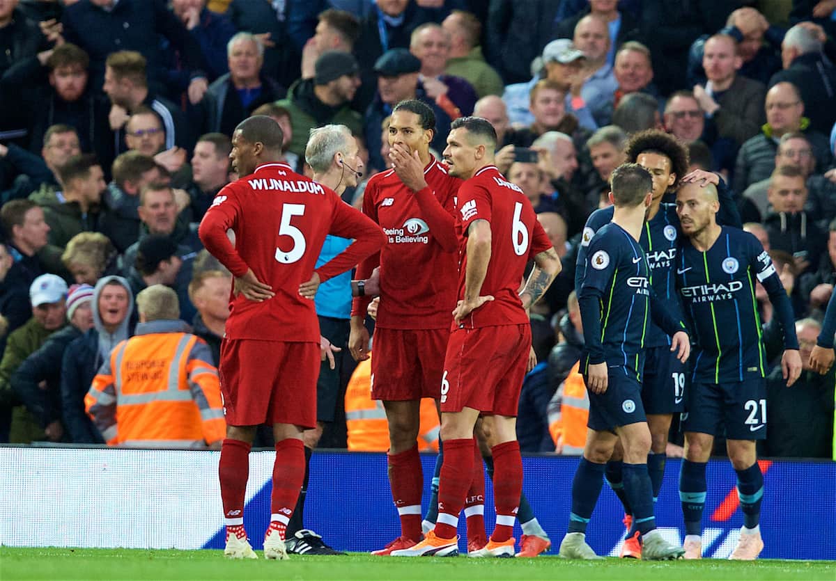 LIVERPOOL, ENGLAND - Sunday, October 7, 2018: Liverpool's Virgil van Dijk appeals to referee Martin Atkinson after a penalty is awarded during the FA Premier League match between Liverpool FC and Manchester City FC at Anfield. (Pic by David Rawcliffe/Propaganda)