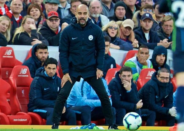 LIVERPOOL, ENGLAND - Sunday, October 7, 2018: Manchester City's manager Pep Guardiola reacts during the FA Premier League match between Liverpool FC and Manchester City FC at Anfield. (Pic by David Rawcliffe/Propaganda)