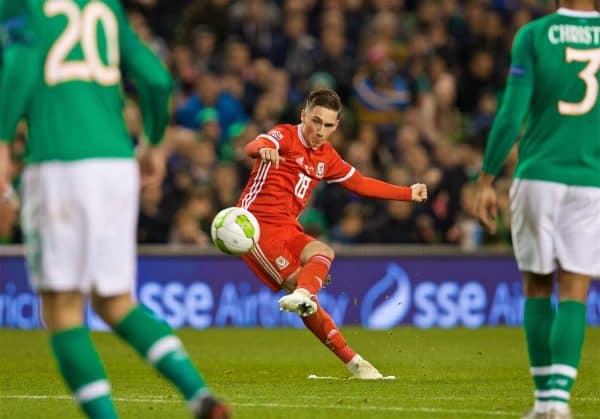 DUBLIN, IRELAND - Tuesday, October 16, 2018: Wales' Harry Wilson scores the first goal from a free-kick during the UEFA Nations League Group Stage League B Group 4 match between Republic of Ireland and Wales at the Aviva Stadium. (Pic by David Rawcliffe/Propaganda)