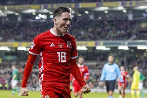 DUBLIN, IRELAND - Tuesday, October 16, 2018: Wales' Harry Wilson celebrates scoring the first goal during the UEFA Nations League Group Stage League B Group 4 match between Republic of Ireland and Wales at the Aviva Stadium. (Pic by Paul Greenwood/Propaganda)