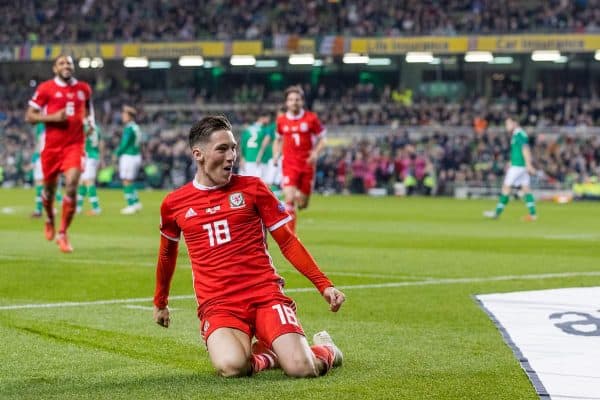 DUBLIN, IRELAND - Tuesday, October 16, 2018: Wales' Harry Wilson celebrates scoring the first goal during the UEFA Nations League Group Stage League B Group 4 match between Republic of Ireland and Wales at the Aviva Stadium. (Pic by Paul Greenwood/Propaganda)