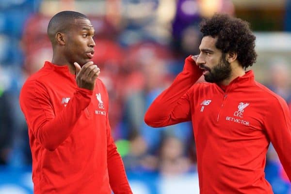 HUDDERSFIELD, ENGLAND - Saturday, October 20, 2018: Liverpool's Daniel Sturridge (L) and Mohamed Salah (R) during the pre-match warm-up before the FA Premier League match between Huddersfield Town FC and Liverpool FC at Kirklees Stadium. (Pic by David Rawcliffe/Propaganda)