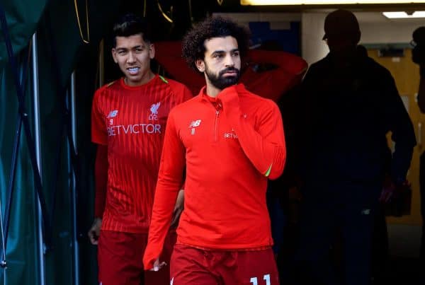 HUDDERSFIELD, ENGLAND - Saturday, October 20, 2018: Liverpool's Roberto Firmino (L) and Mohamed Salah during the pre-match warm-up before the FA Premier League match between Huddersfield Town FC and Liverpool FC at Kirklees Stadium. (Pic by David Rawcliffe/Propaganda)