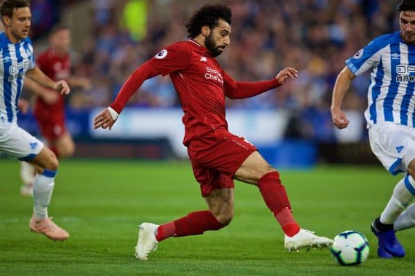 HUDDERSFIELD, ENGLAND - Saturday, October 20, 2018: Liverpool's Mohamed Salah scores the first goal during the FA Premier League match between Huddersfield Town FC and Liverpool FC at Kirklees Stadium. (Pic by David Rawcliffe/Propaganda)