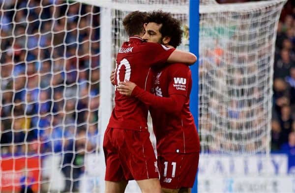 HUDDERSFIELD, ENGLAND - Saturday, October 20, 2018: Liverpool's Mohamed Salah celebrates scoring the first goal with team-mate Adam Lallana during the FA Premier League match between Huddersfield Town FC and Liverpool FC at Kirklees Stadium. (Pic by David Rawcliffe/Propaganda)