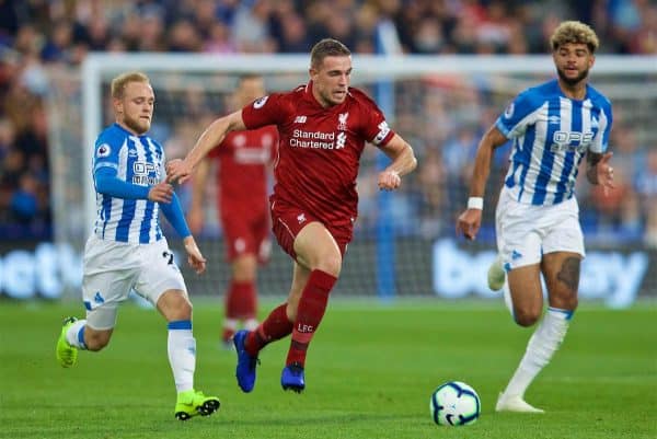 HUDDERSFIELD, ENGLAND - Saturday, October 20, 2018: Liverpool's captain Jordan Henderson during the FA Premier League match between Huddersfield Town FC and Liverpool FC at Kirklees Stadium. (Pic by David Rawcliffe/Propaganda)