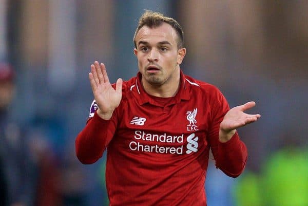 HUDDERSFIELD, ENGLAND - Saturday, October 20, 2018: Liverpool's Xherdan Shaqiri reacts during the FA Premier League match between Huddersfield Town FC and Liverpool FC at Kirklees Stadium. (Pic by David Rawcliffe/Propaganda)